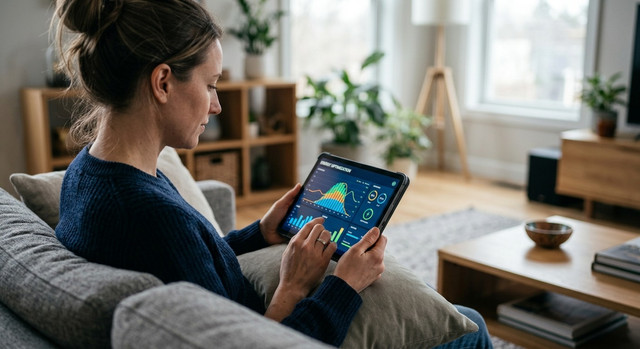 A person using a tablet to monitor home energy usage.