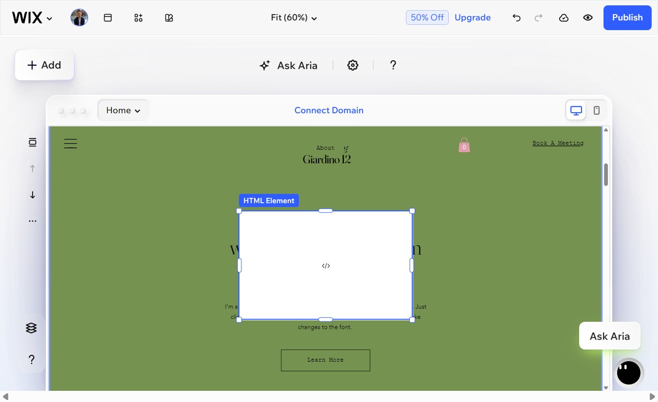 HTML element placed on page