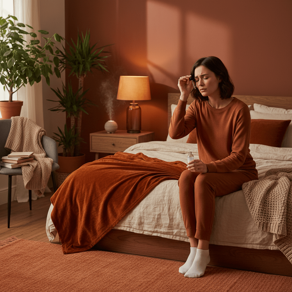 A calming bedside wellness scene with herbal oil and soft warm lighting