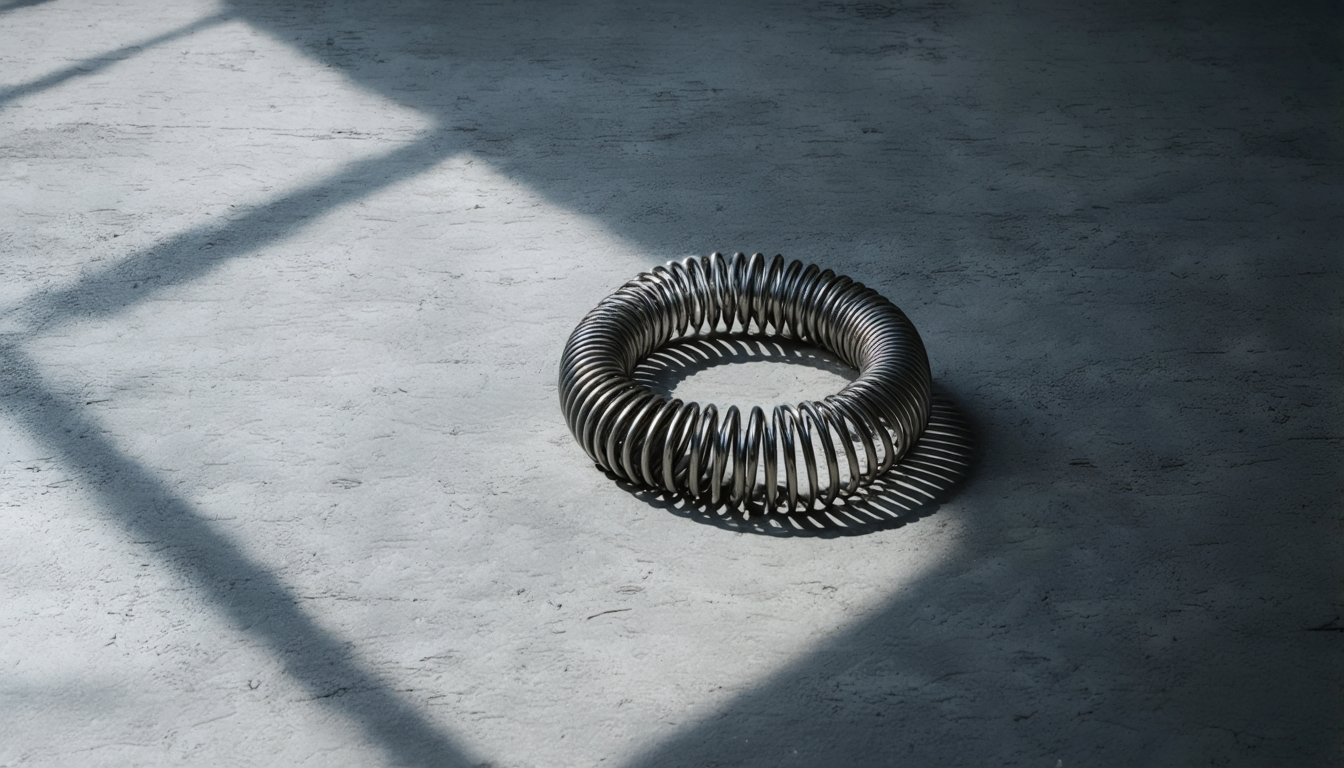 A coiled metal spring resting on a concrete surface, slightly compressed, with dramatic side-lighting creating a sharp shadow.