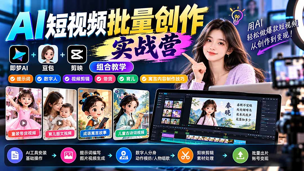 AI短视频批量创作实战营：即梦+豆包+剪映组合教学，提示词/数字人/视频剪辑/带货/育儿/寓言内容制作技巧