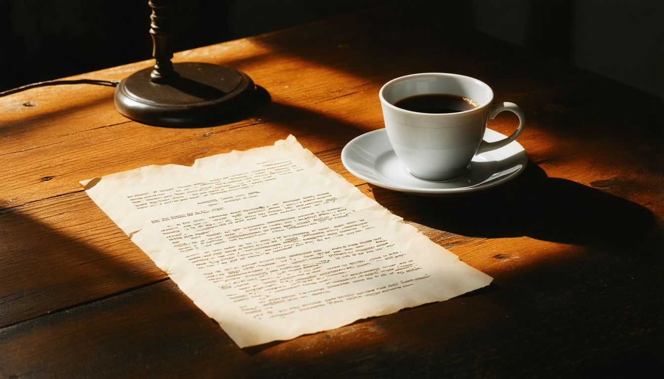 A single sheet of a policy document lying on a bare wooden table beside a cold cup of coffee, warm lamplight, deep shadows.
