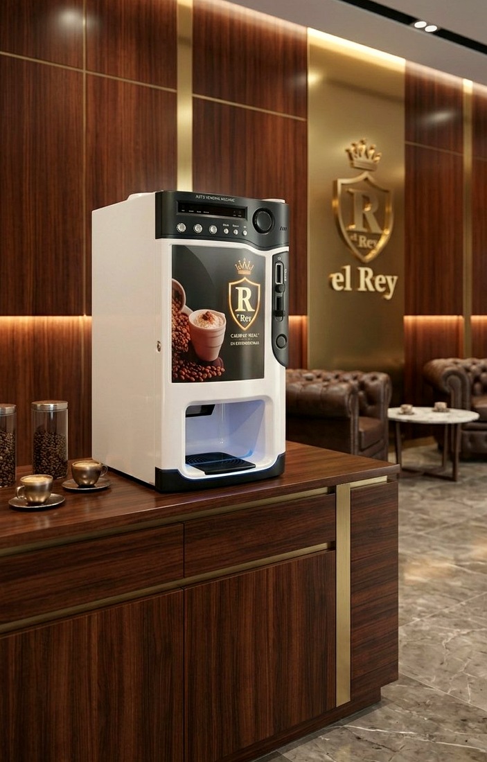 Máquina expendedora de café El Rey en lobby corporativo