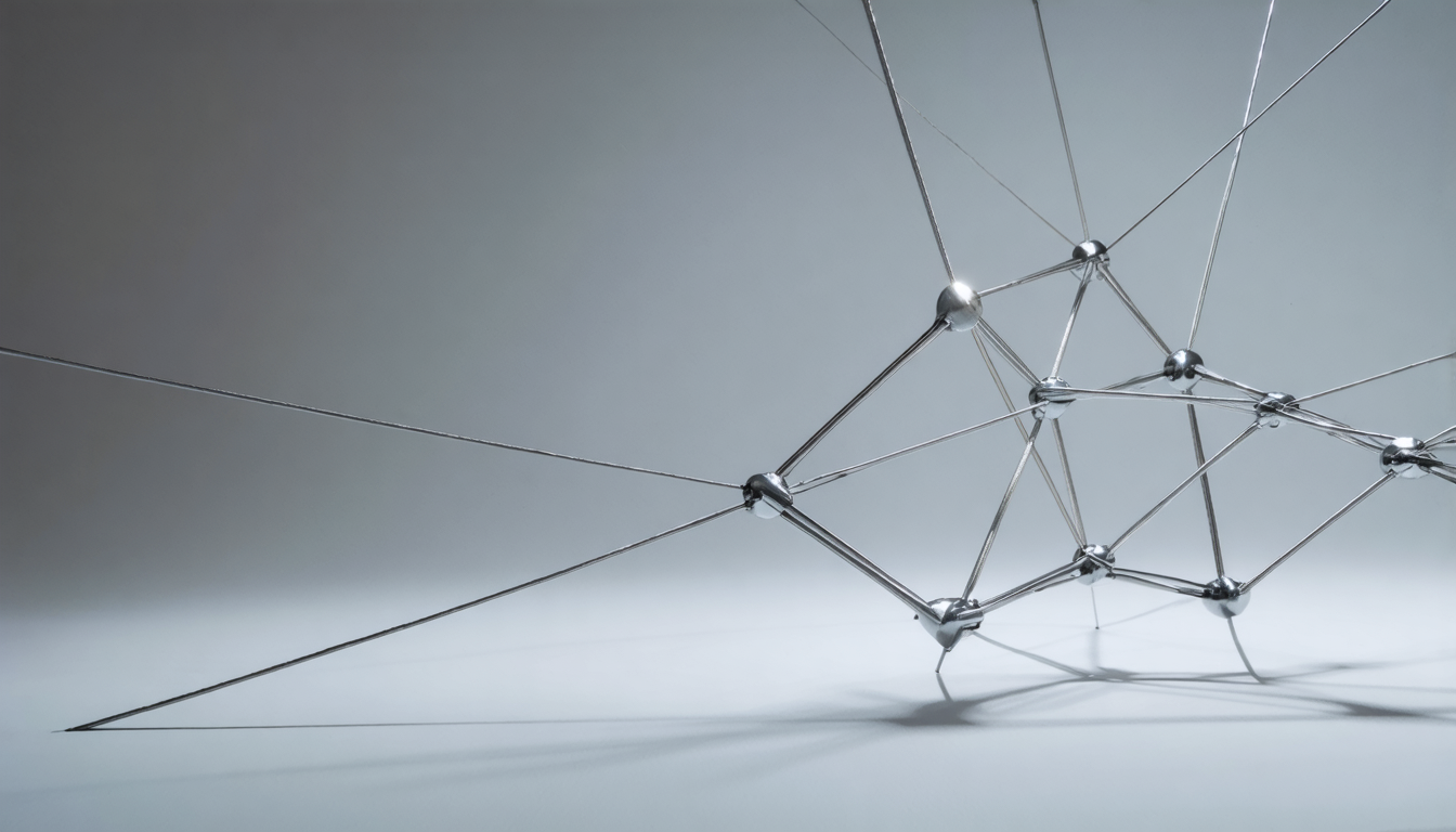 A tensegrity model floating in gray light, held together by forces no single member can claim credit for.