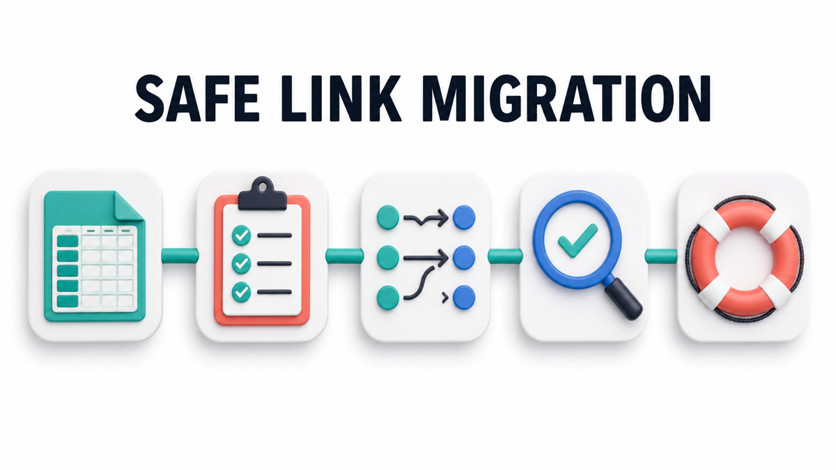 Affiliate link management migration checklist for inventory, policy, redirects, testing, and rollback