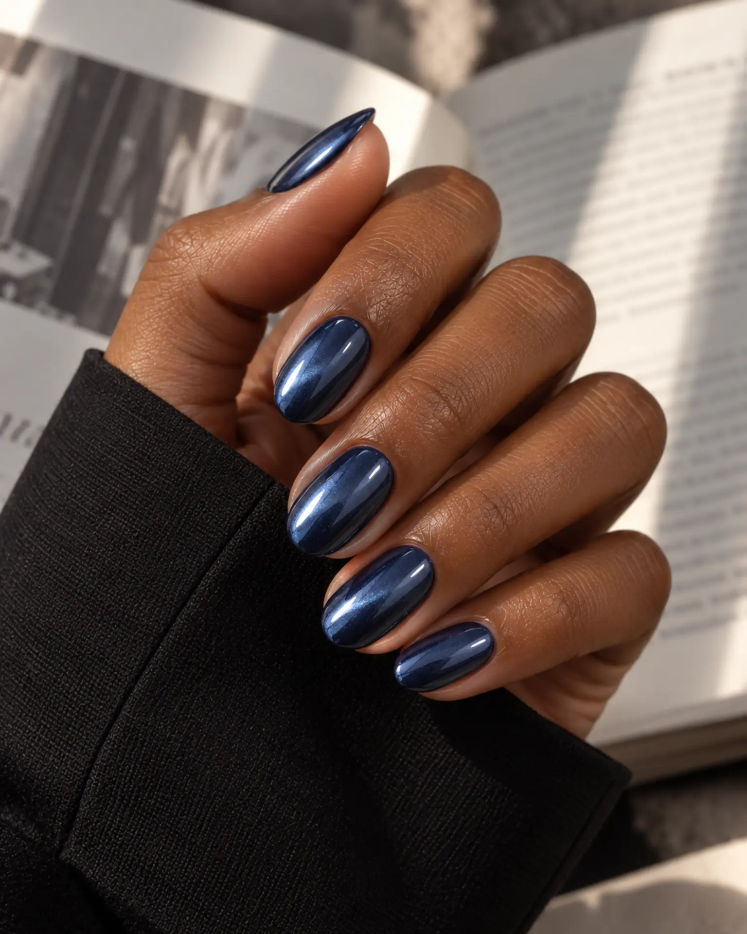 Navy Soft Chrome manicure inspiration for winter nail ideas
