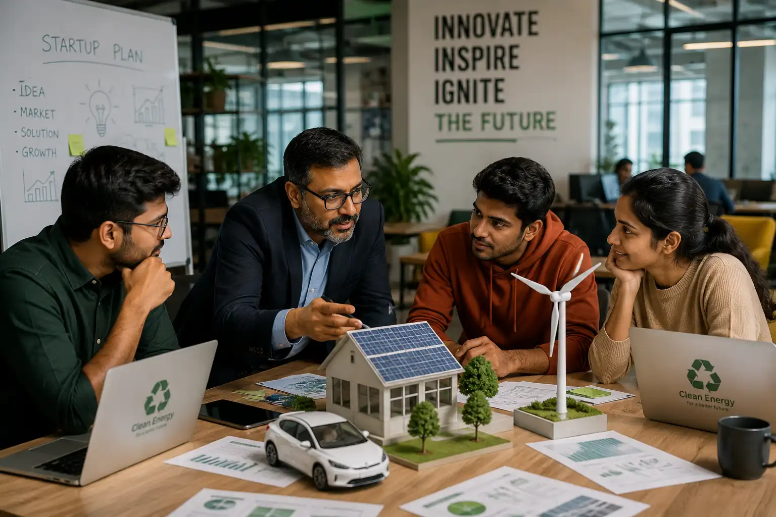 Mentor guiding startup founders with a renewable energy prototype