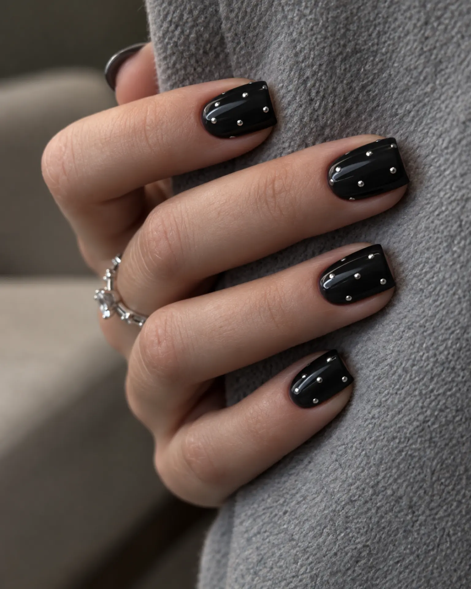 Black + Silver Dots manicure inspiration for short polka dot chrome nail ideas
