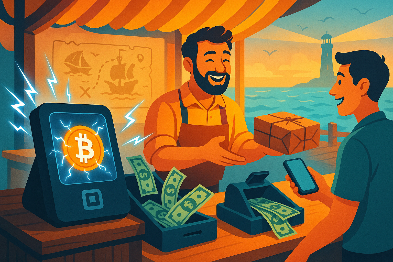 Illustration of Square's Bitcoin payment integration for merchants using Lightning Network