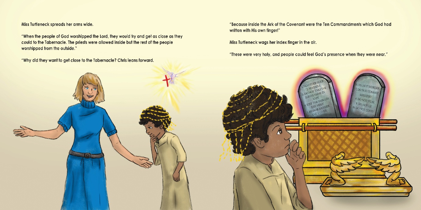 Two illustrated scenes: a child beside a woman and a close-up of a person using a cane near coins