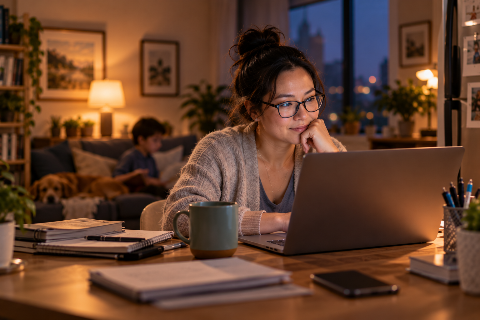 Une femme travaille sur son ordinateur portable tard le soir à la maison, symbolisant le débordement du travail sur la vie familiale en télétravail.