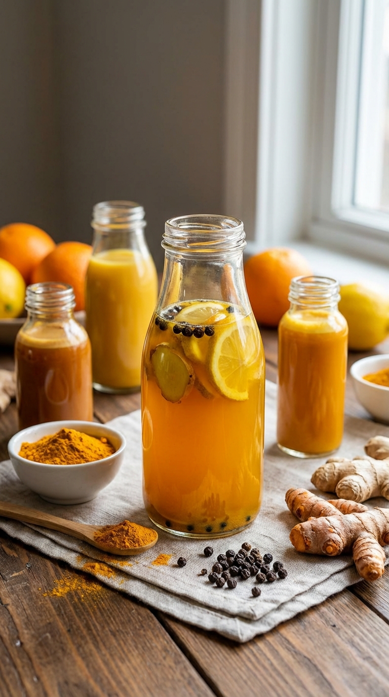 Glass bottle containing recipes with turmeric powder and whole black peppercorns
