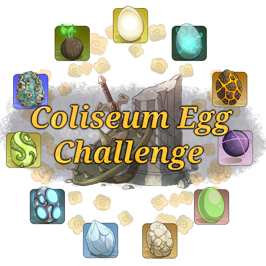 The 11 elemental eggs circle the coliseum pillar. The text Coliseum Egg Challenge is overlayed