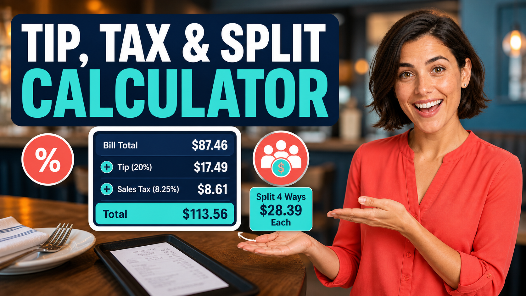 Tip, Tax and Split Calculator Free U.S. tip, tax and bill split calculator