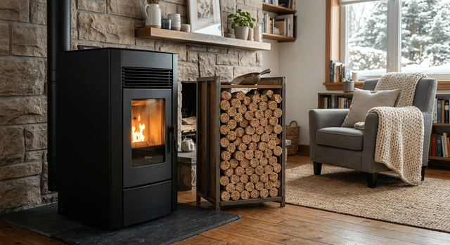 Una pila di pellet di legno accanto a una moderna stufa a pellet in un accogliente soggiorno.