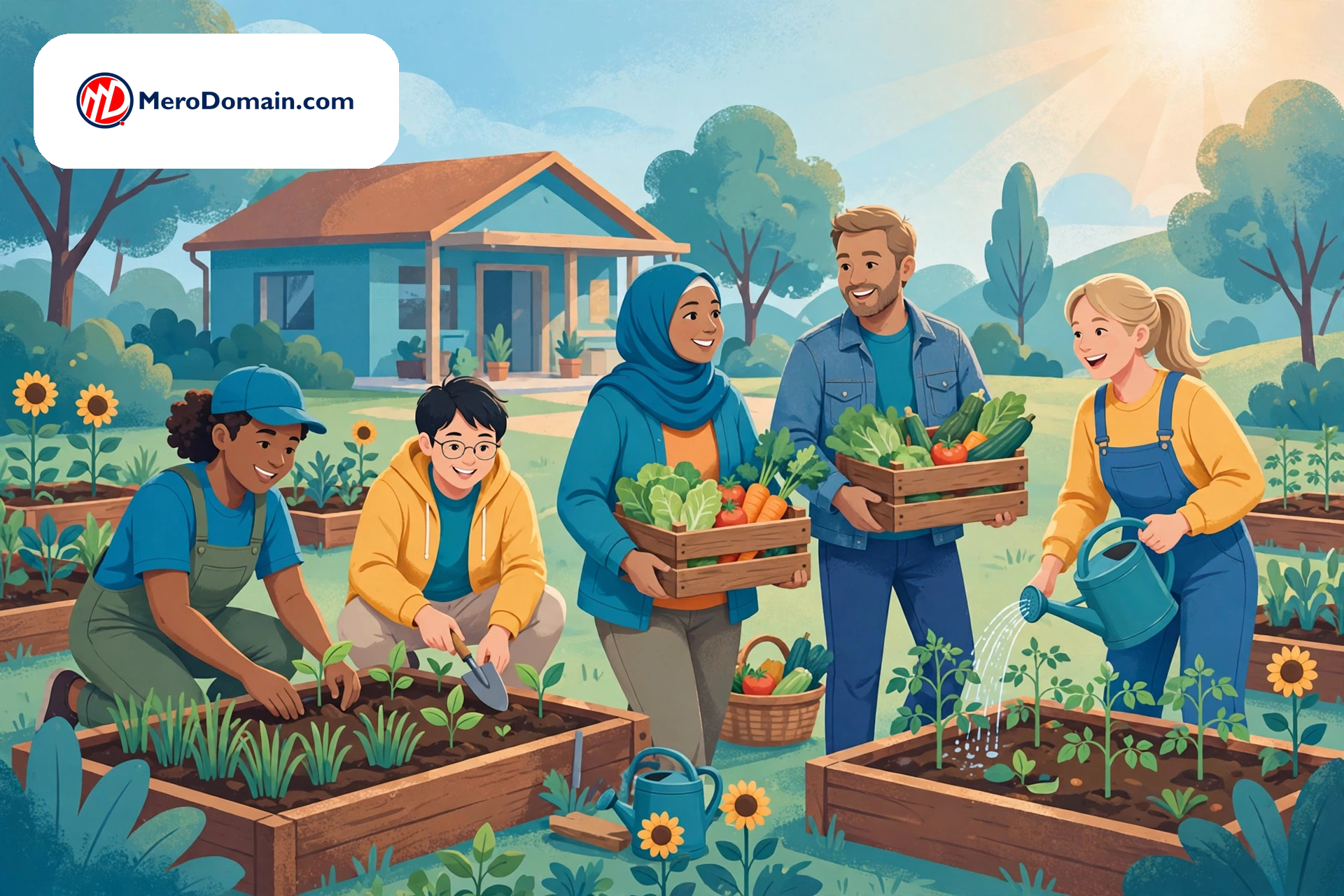 Illustration of volunteers working together at a community donation drive for a nonprofit website builder article