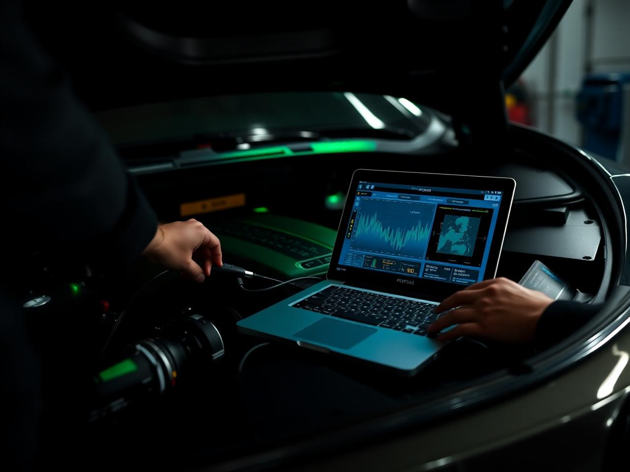 Technician running computer diagnostics on a European car engine