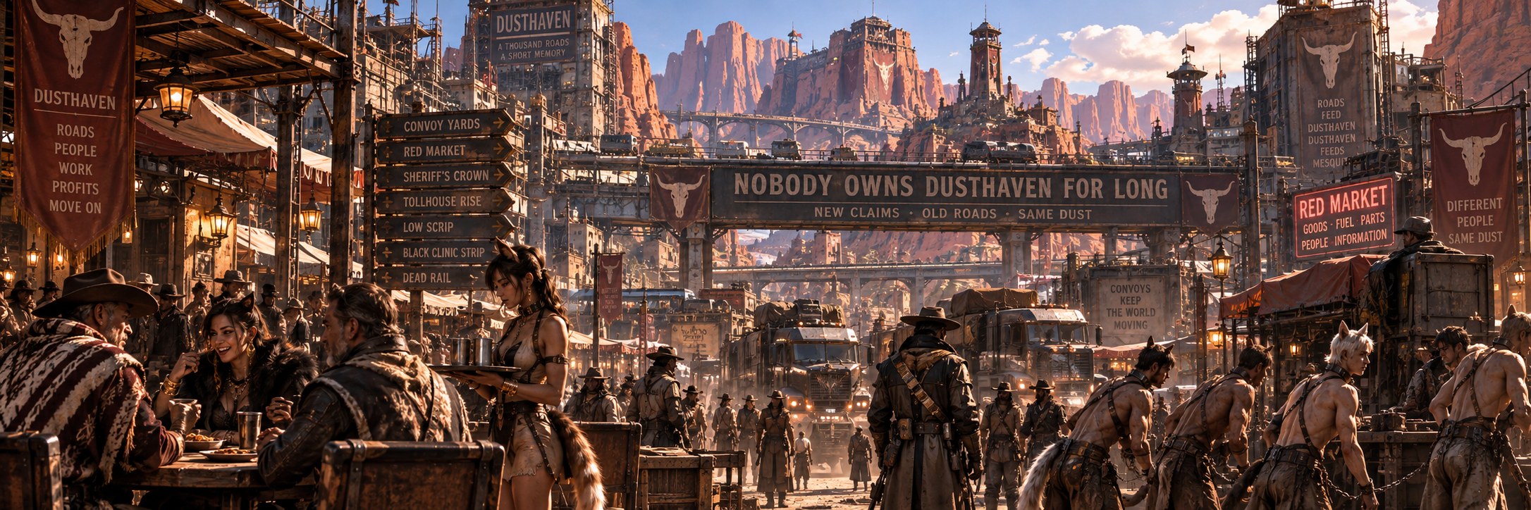 Dusthaven road-city beneath red sandstone cliffs with convoys, markets and chained demi-human workers