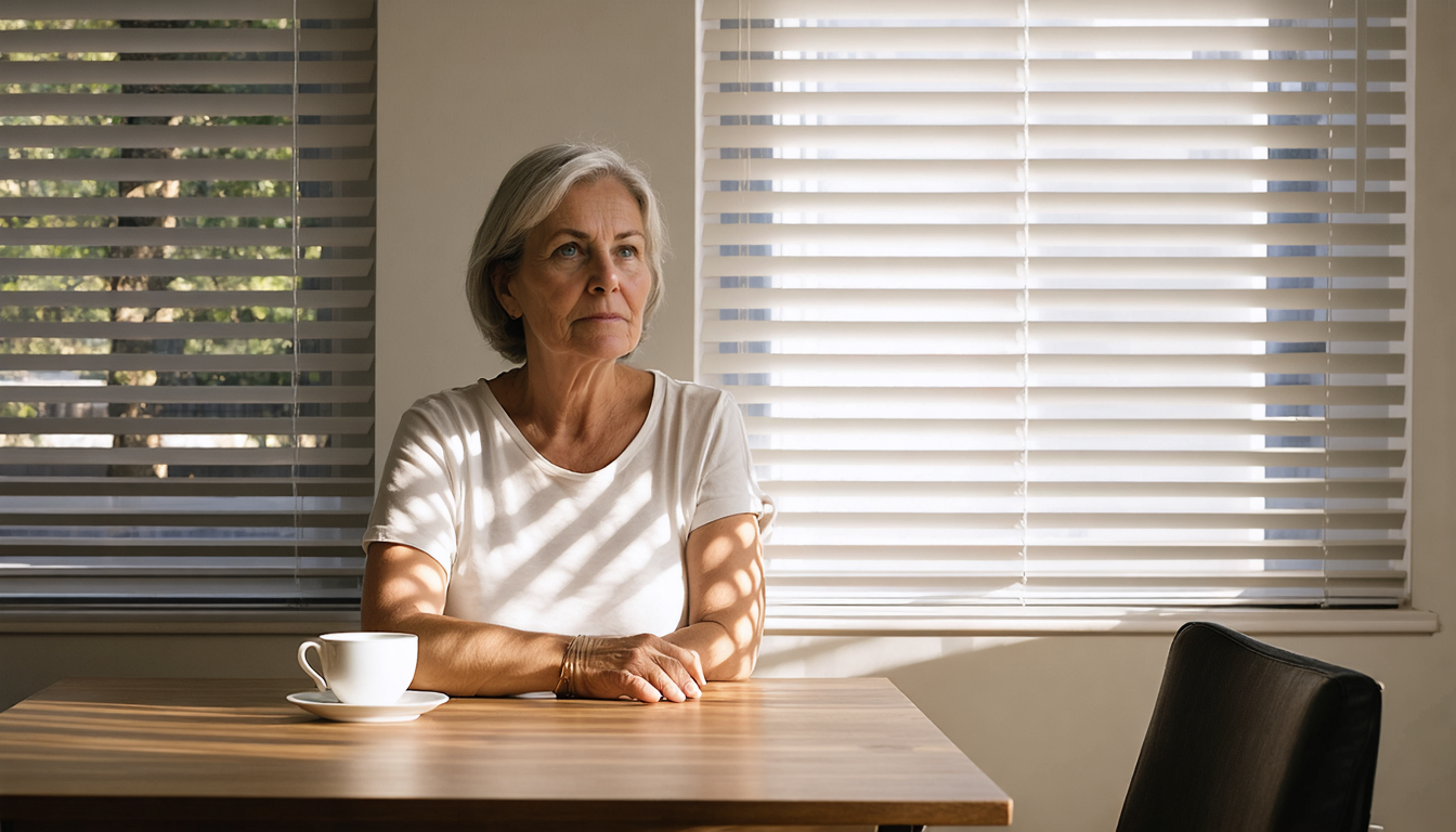 A woman sitting alone in a quiet apartment, hands resting on a table with an untouched coffee cup, morning light streaming in through blinds.