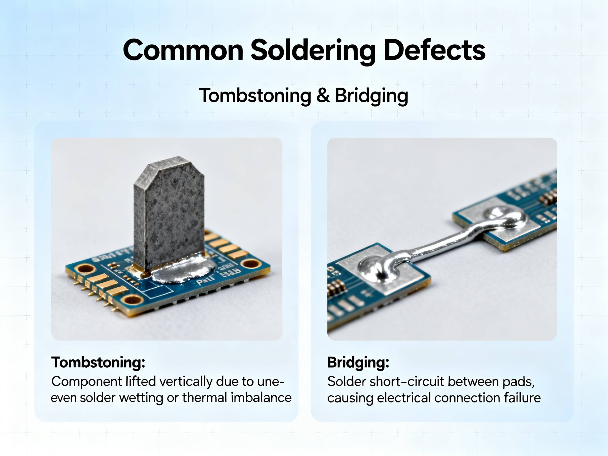 Common soldering defects: tombstoning and bridging.