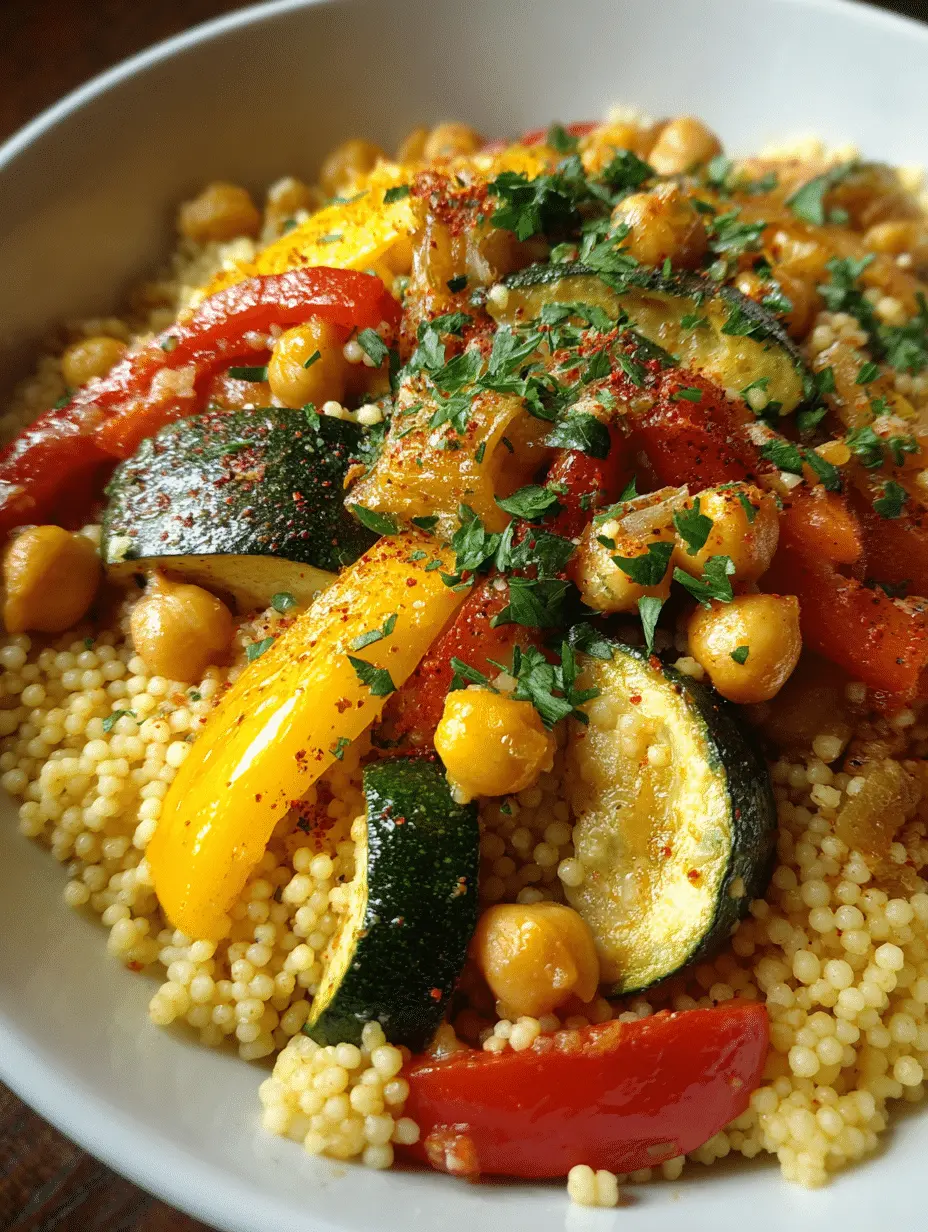 Rustic bowl of fluffy couscous with roasted zucchini, peppers, and chickpeas, topped with fresh parsley.