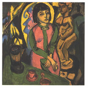 Сидящая женщина с деревянной скульптурой незв
