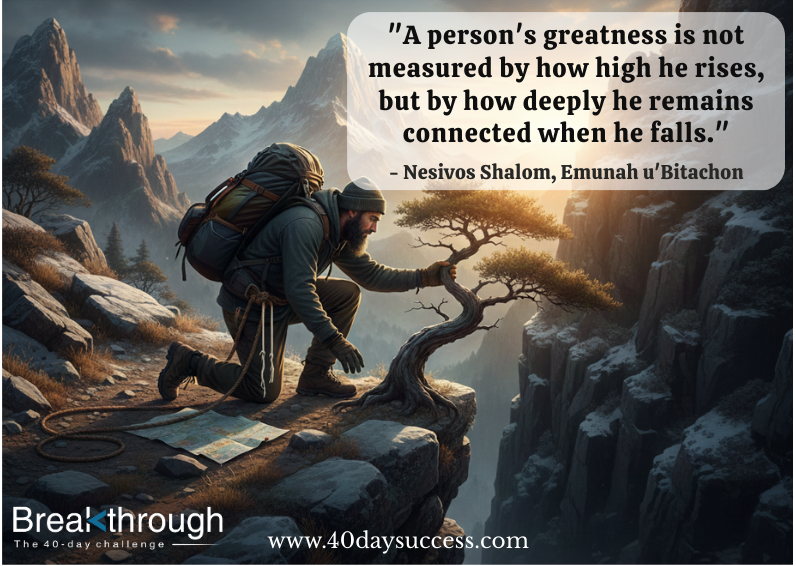 A mountain traveler kneels and holds a tree near a rocky ledge, beside a Nesivos Shalom quote on staying connected.
