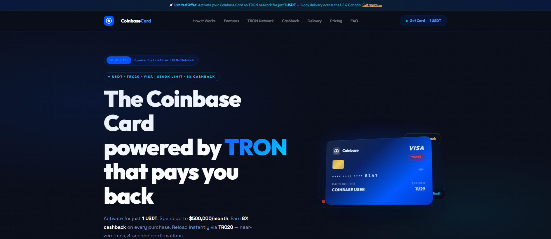 Forensic screenshot of coinbase-card.vip showing the phishing page layout
