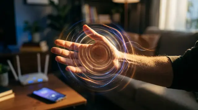 Human hand glowing with warm light suggesting invisible electromagnetic radiation, moody ambient setting