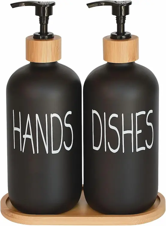 Matte Black Glass Soap Dispenser Set with Bamboo Tray & Elegant Labels