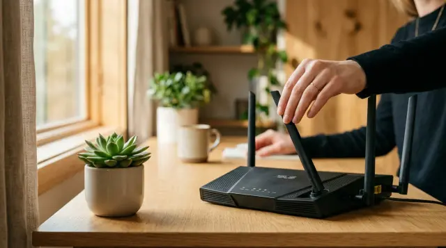Hand adjusting Wi-Fi router on wooden desk in sunlit minimalist home office