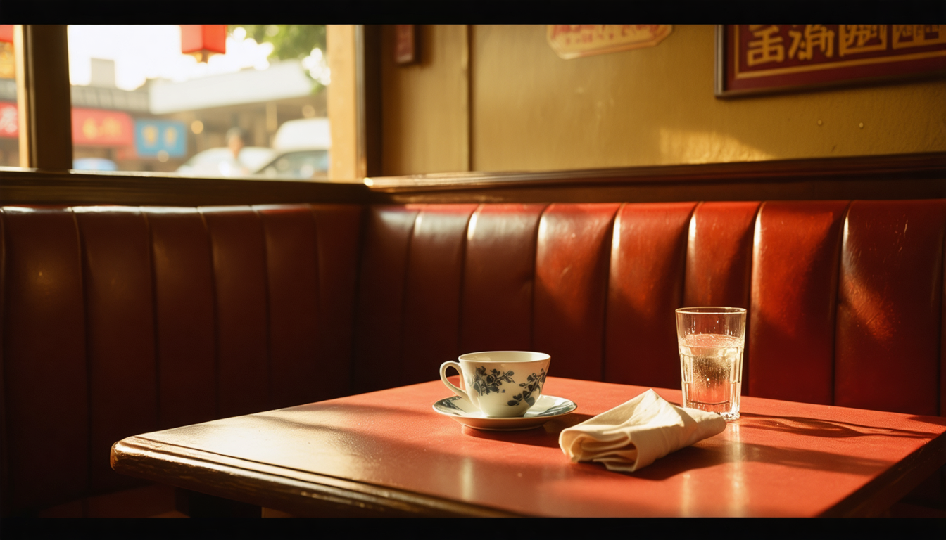 A quiet vintage Chinese restaurant booth in warm dim light, an empty teacup and folded napkin on a red tablecloth, a second booth blurred in the background.