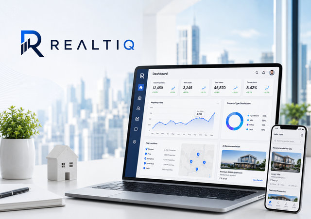 Realtiq AI dashboard on laptop and mobile showing real estate analytics