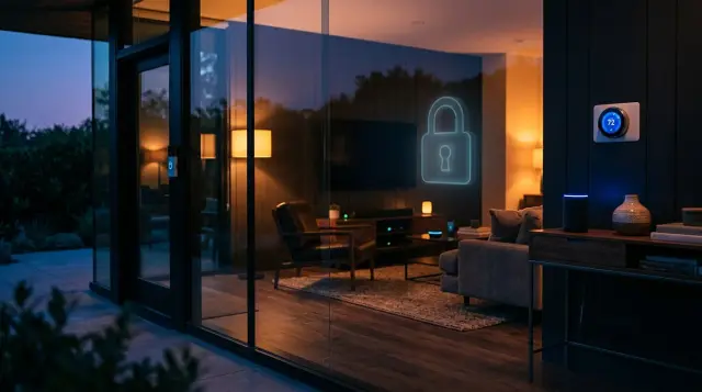 Modern smart home living room with glowing connected devices and security lock reflection, moody atmosphere