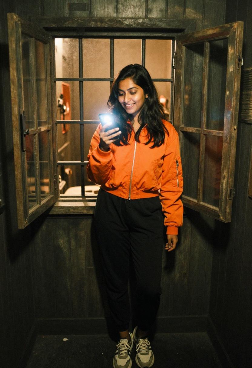 Tangerine bomber jacket and jogger pants for a fun and flexible escape room challenge outfit