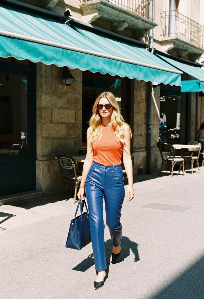 Woman in cobalt faux leather pants and tangerine top walking casually on a European street