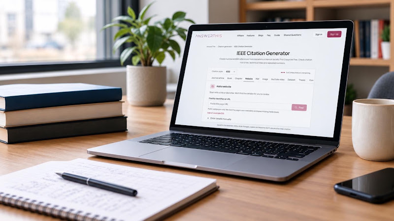 Photograph showing a workspace with laptop displaying an AnswerThis IEEE Citation Generator webpage, designed for creating academic references.