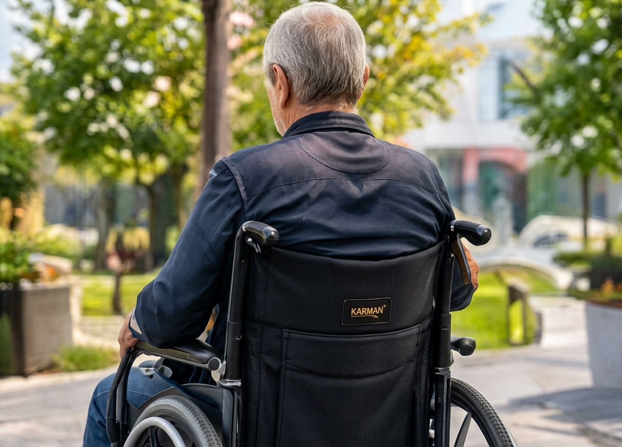 Cliënt in een rolstoel buiten bij een zorglocatie