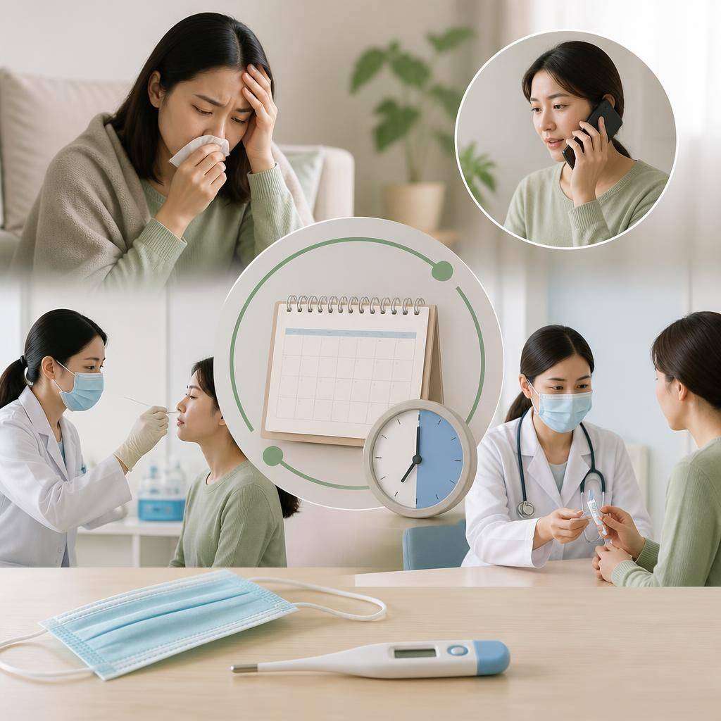 독감 의심 증상 발생 후 병원에 전화하고 검사와 치료 시기를 확인하는 장면, 달력에 48시
