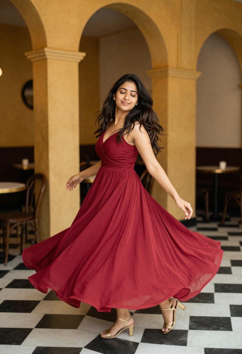 Cherry red chiffon gown with a sweeping skirt embodying pure romance for an elegant date night