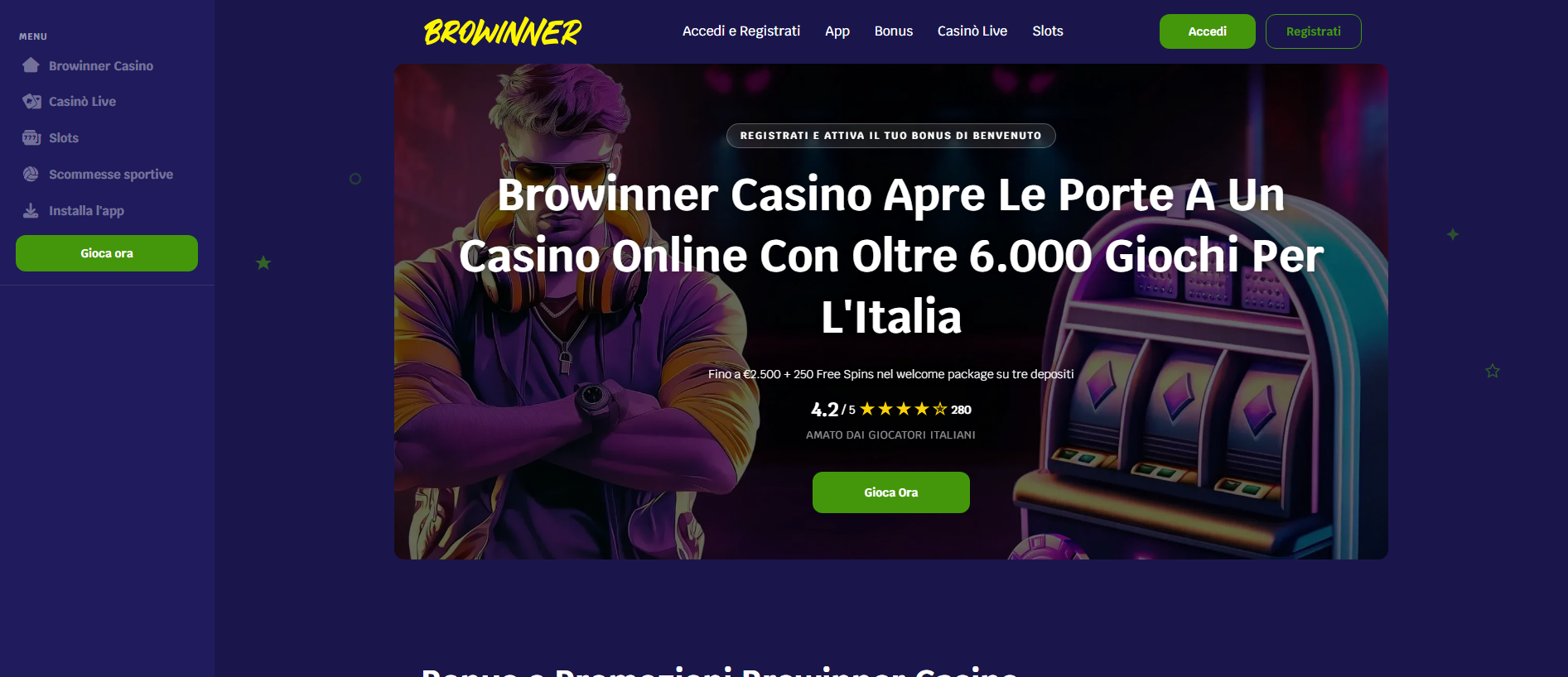 Forensic screenshot of browinnercasino-it.com showing the phishing page layout