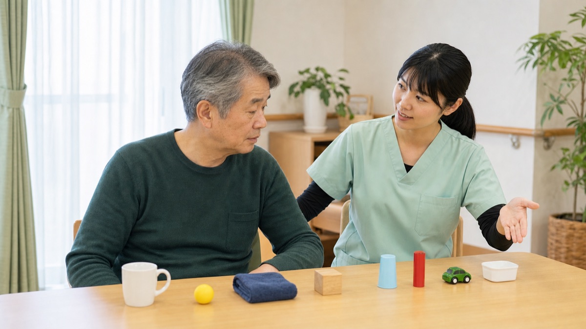 同名半盲の視覚探索訓練で療法士が見えにくい側への視線移動を促す場面