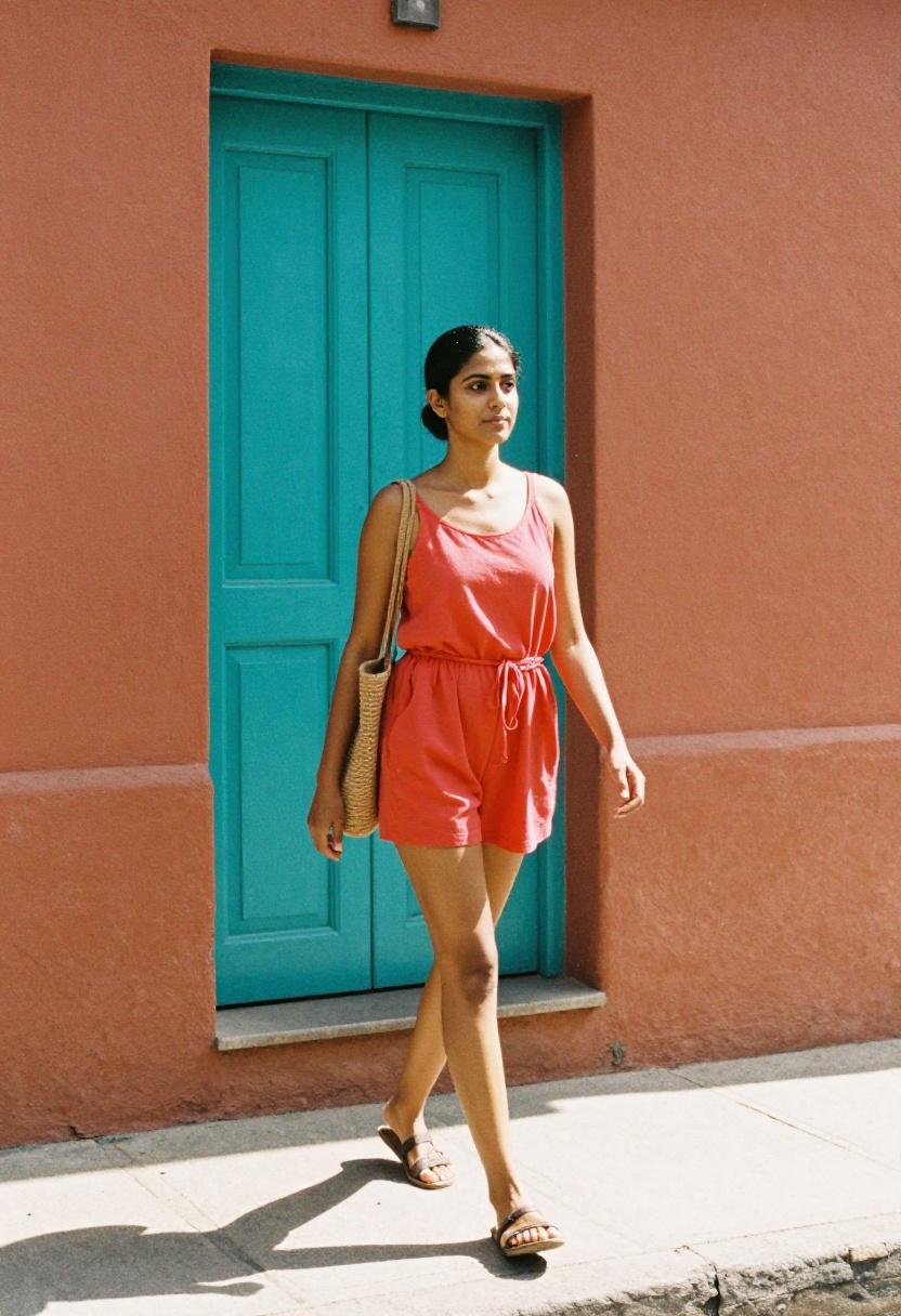 Coral-red wide-leg romper in sun-drenched southwestern streetscape for spring energy
