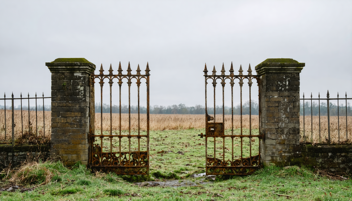 A large iron gate in a field, heavily rusted, standing alone with no fence on either side, under an overcast sky.