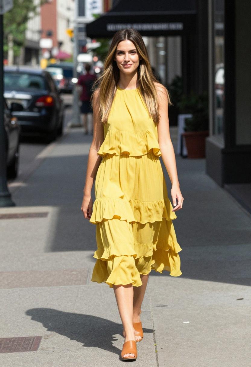 Saffron yellow tiered chiffon dress on a sun-bright city sidewalk in spring