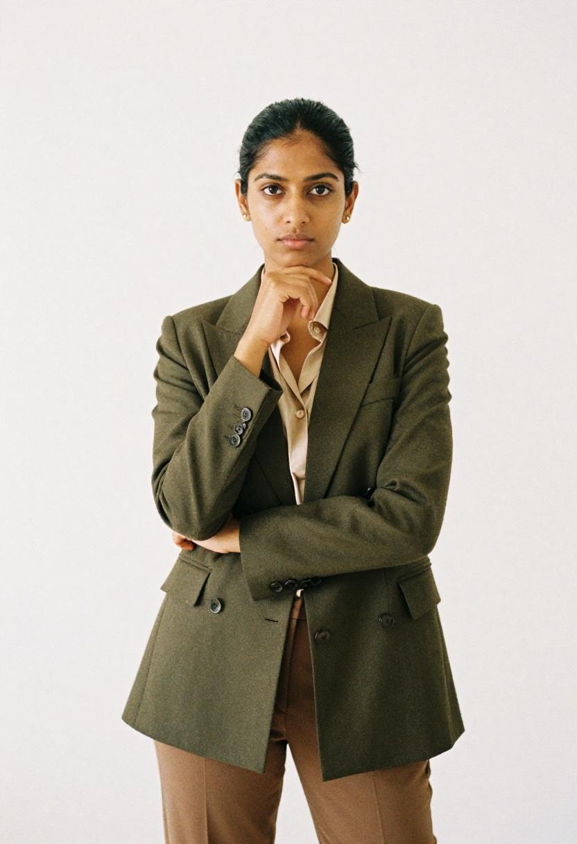 Deep olive blazer and mocha trousers with silk blouse for a polished grounded office look