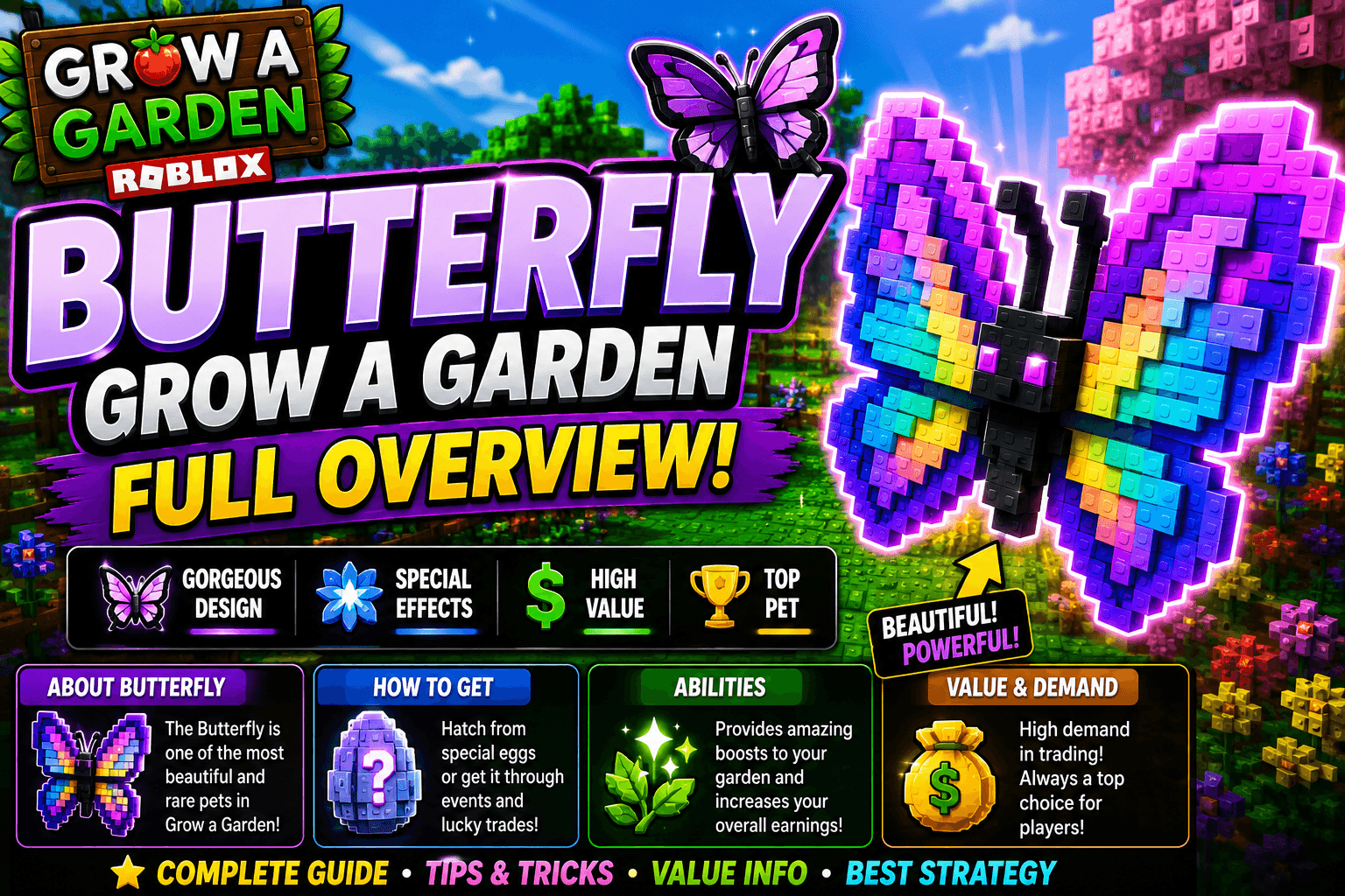 Butterfly pet in Grow a Garden — Rainbow Flutter ability, Mythical rarity trade value guide 2026