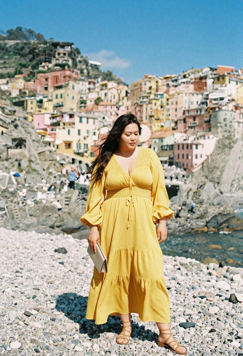 Plus size woman in saffron yellow smocked wrap maxi dress with bishop sleeves on a pebble beach