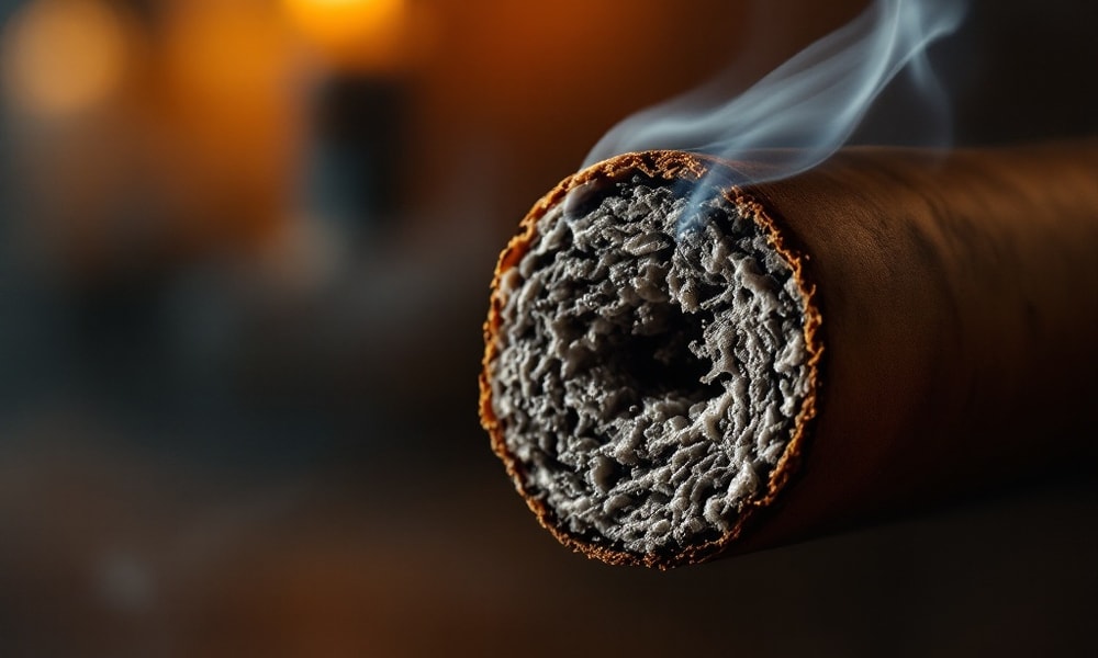 Combustion parfaite d'un cigare avec cendre blanche et fumée élégante