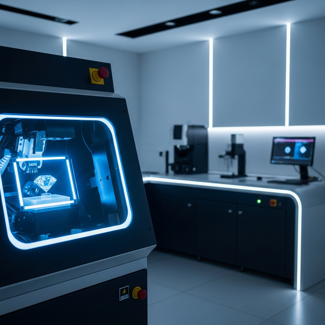 Un diamant perfect șlefuit creat într-un laborator high-tech, modern și minimalist.